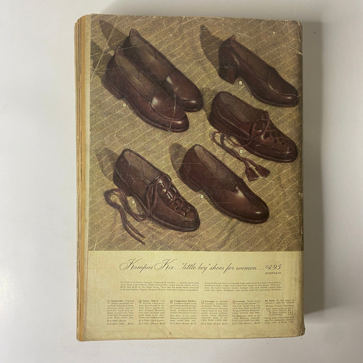 1943 Montgomery Ward Spring and Summer Catalog GD Interior featuring vintage footwear illustrations in various styles, including brown leather shoes for women. The catalog showcases wartime fashion trends and serves as a collectible piece of fashion history.