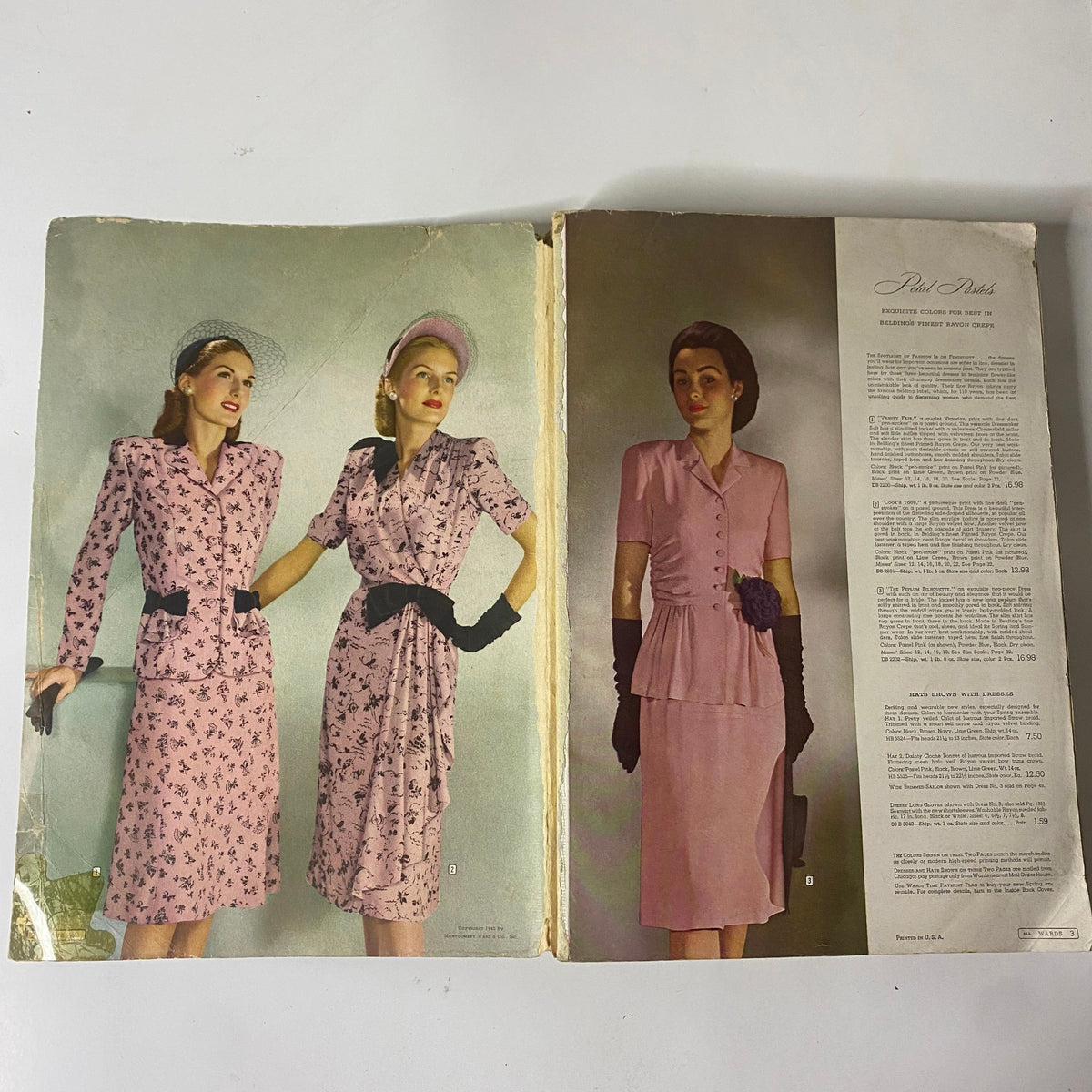 Sample page from the 1945 Montgomery Ward Spring and Summer Catalog, displaying elegant models in floral and pastel dresses, representing the fashion trends of the 1940s.