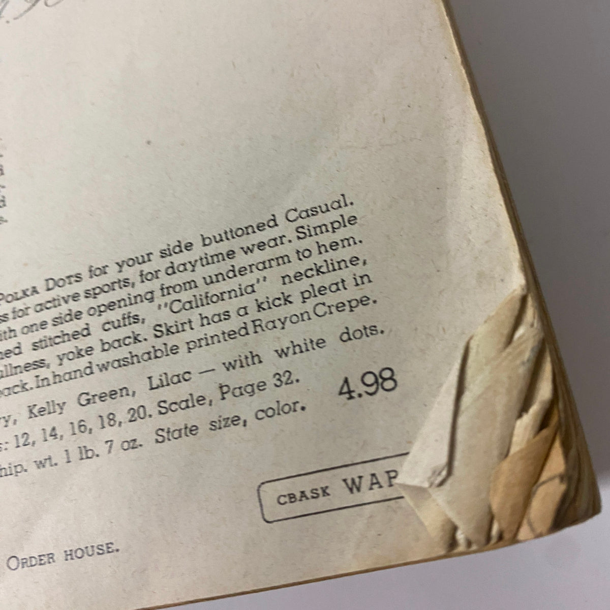 Detail from the 1945 Montgomery Ward Spring and Summer Catalog showcasing casual clothing and pricing details.