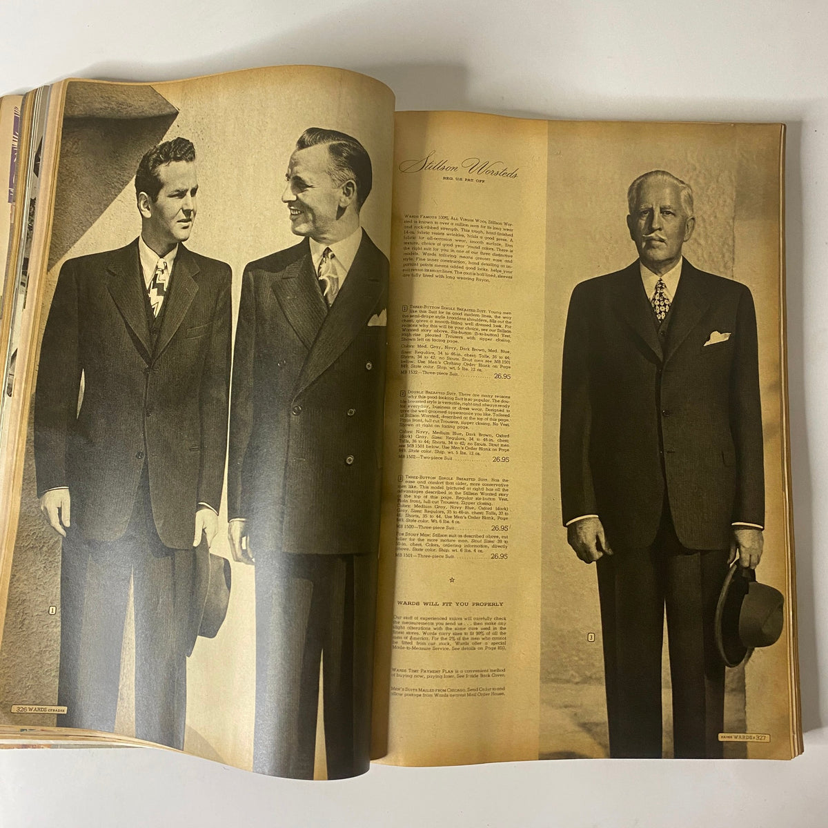 Men's fashion page from the 1945 Montgomery Ward Spring and Summer Catalog displaying tailored suits.
