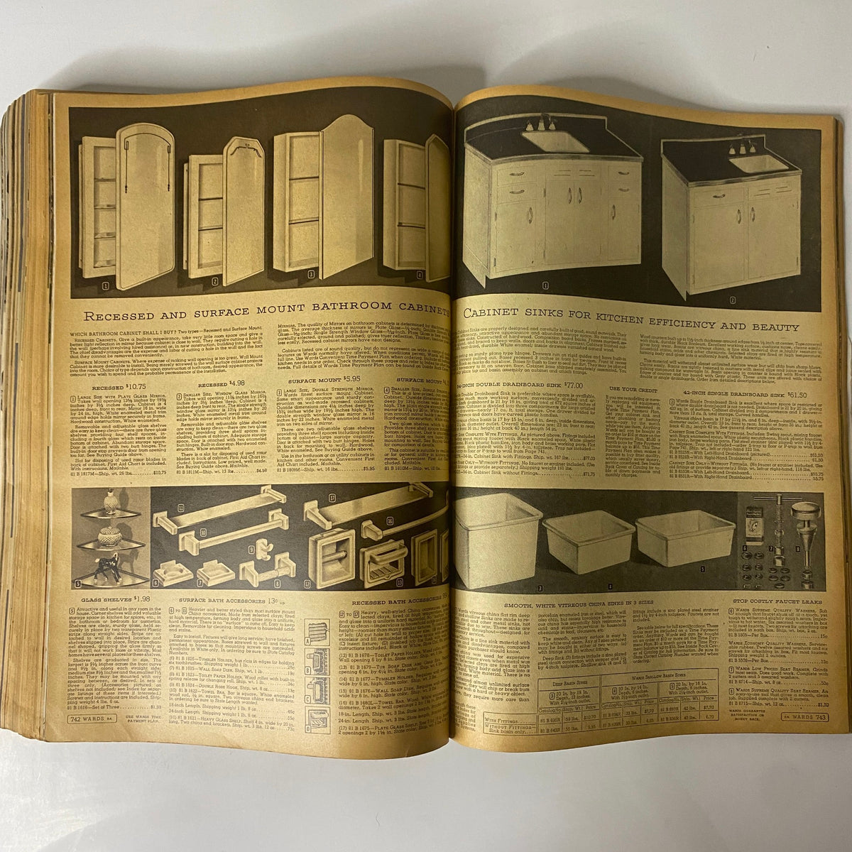 1945 Montgomery Ward Spring and Summer Catalog featuring illustrations of bathroom and kitchen cabinet designs for efficient home organization.