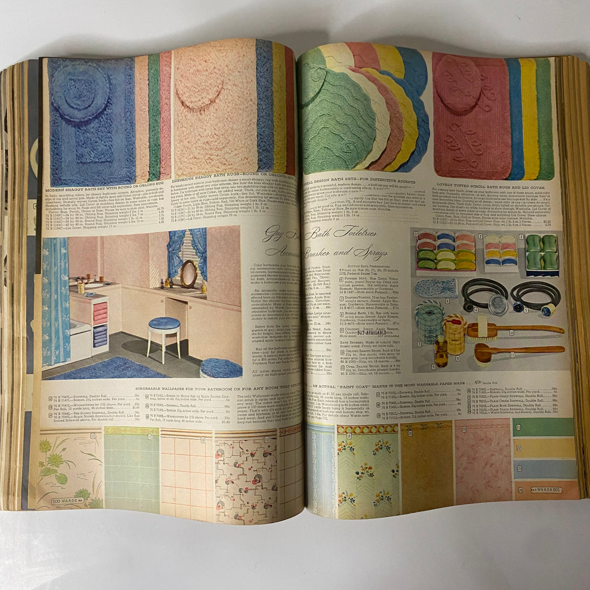 Decorative bathroom accessories and wallpaper designs displayed in the 1945 Montgomery Ward Spring and Summer Catalog.