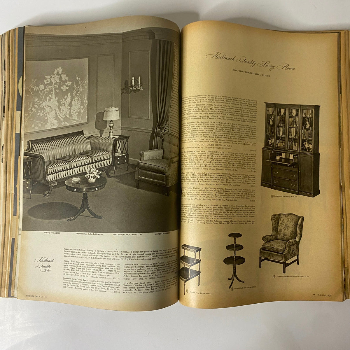 Interior page showing Hallmark Quality Living Room furnishings from the 1945 Montgomery Ward Spring and Summer Catalog.