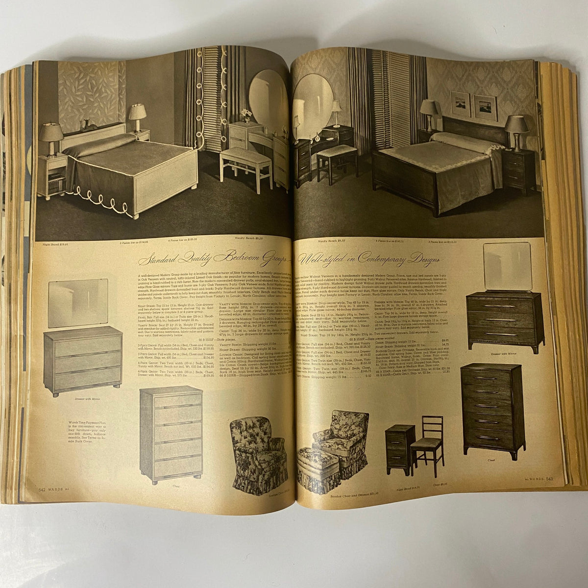 Interior page displaying Standard Quality Bedroom Groupings from the 1945 Montgomery Ward Spring and Summer Catalog.