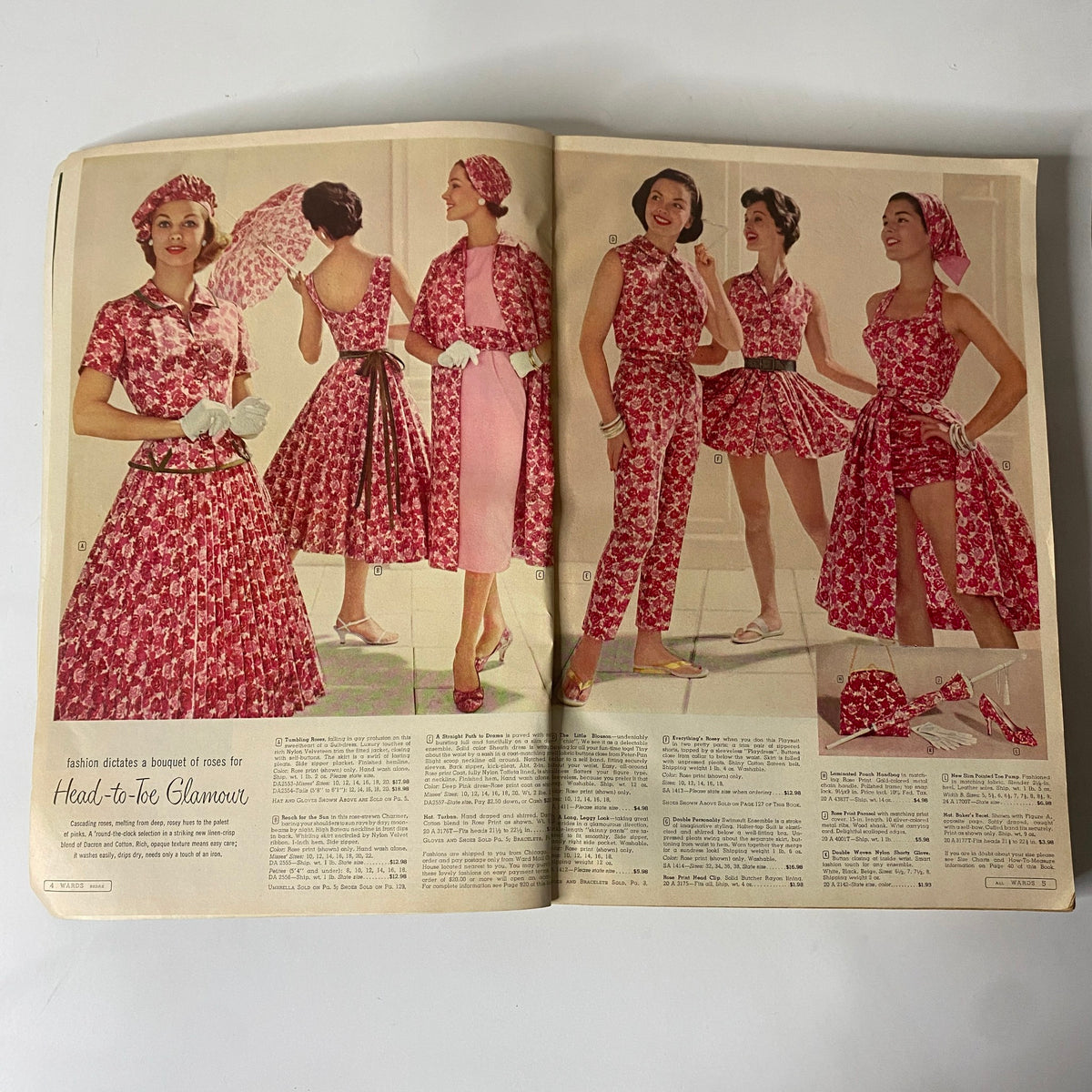 Inside spread of the 1958 Montgomery Ward Spring and Summer Catalog, displaying various floral-patterned outfits for women, emphasizing 1950s fashion trends.