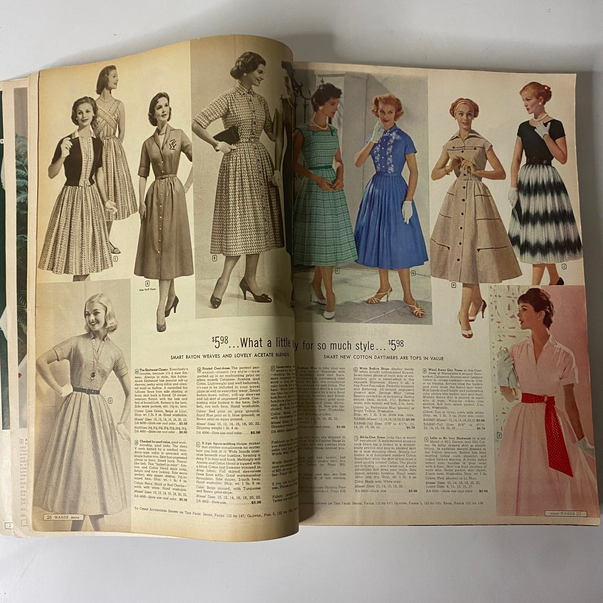 1958 Montgomery Ward Spring and Summer Catalog featuring stylish women's dresses in various patterns and designs for the spring season.