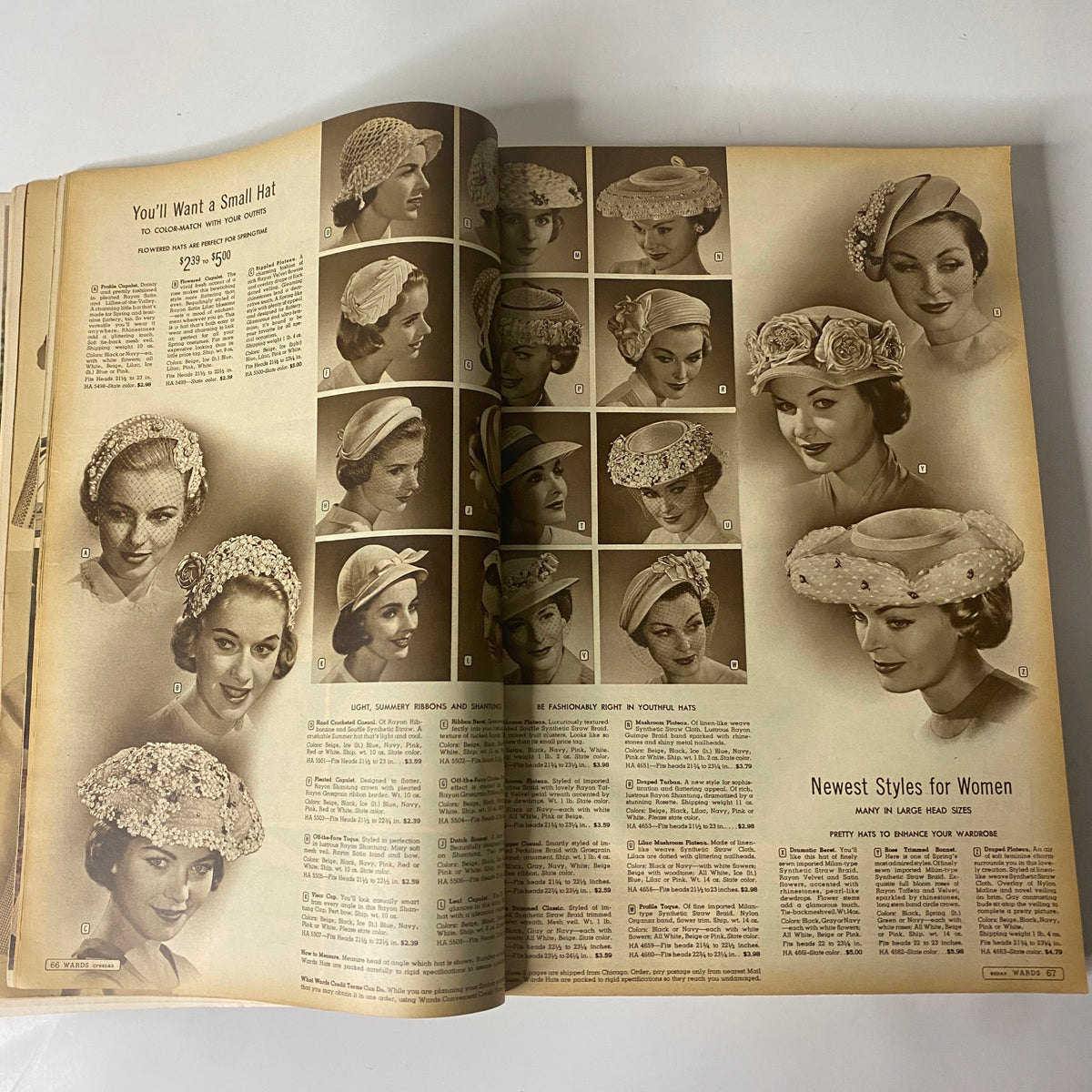 1958 Montgomery Ward Spring and Summer Catalog highlighting a selection of fashionable hats for women, showcasing vintage styles.
