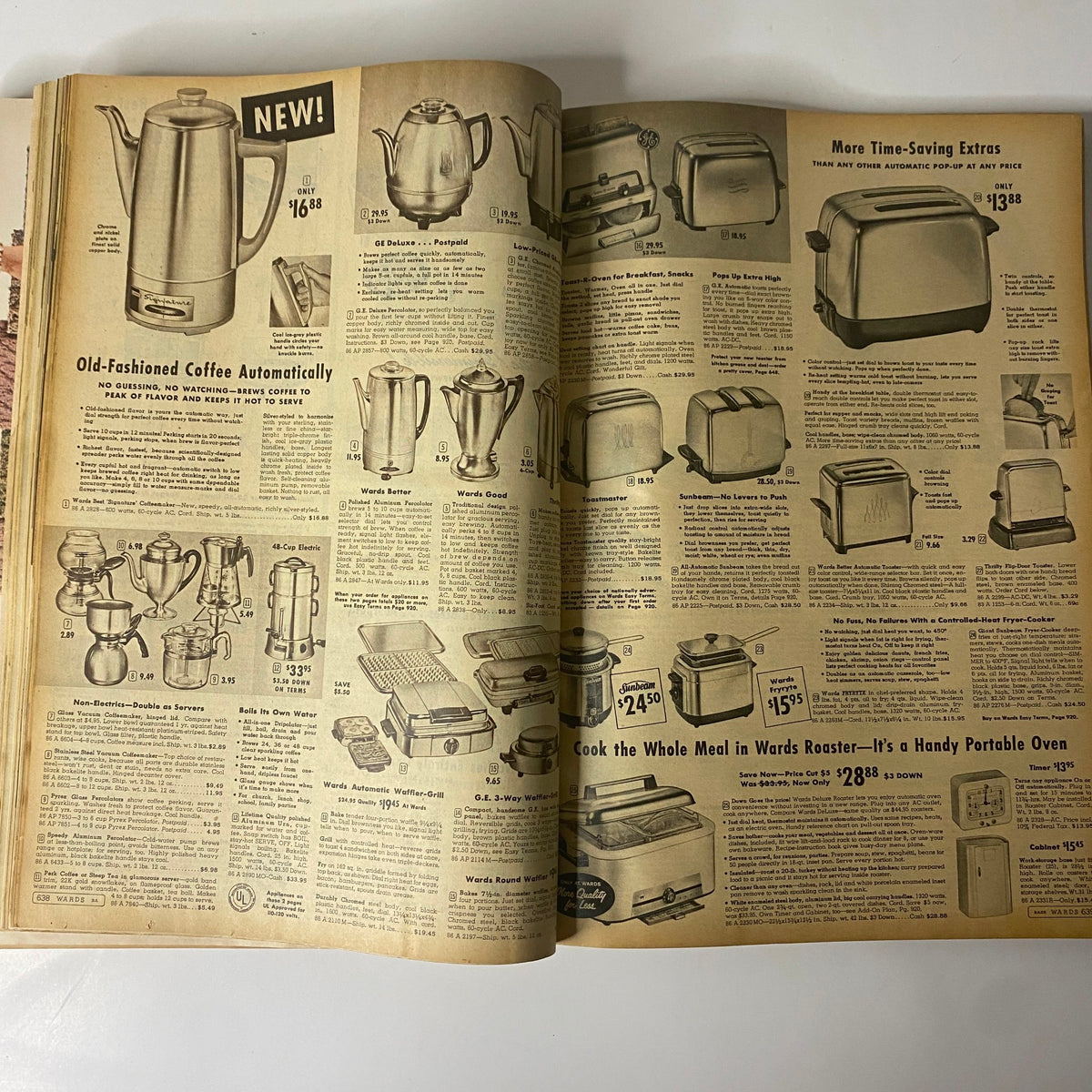 1958 Montgomery Ward Spring and Summer Catalog showcasing kitchen appliances including coffee makers and toasters from the vintage catalog.