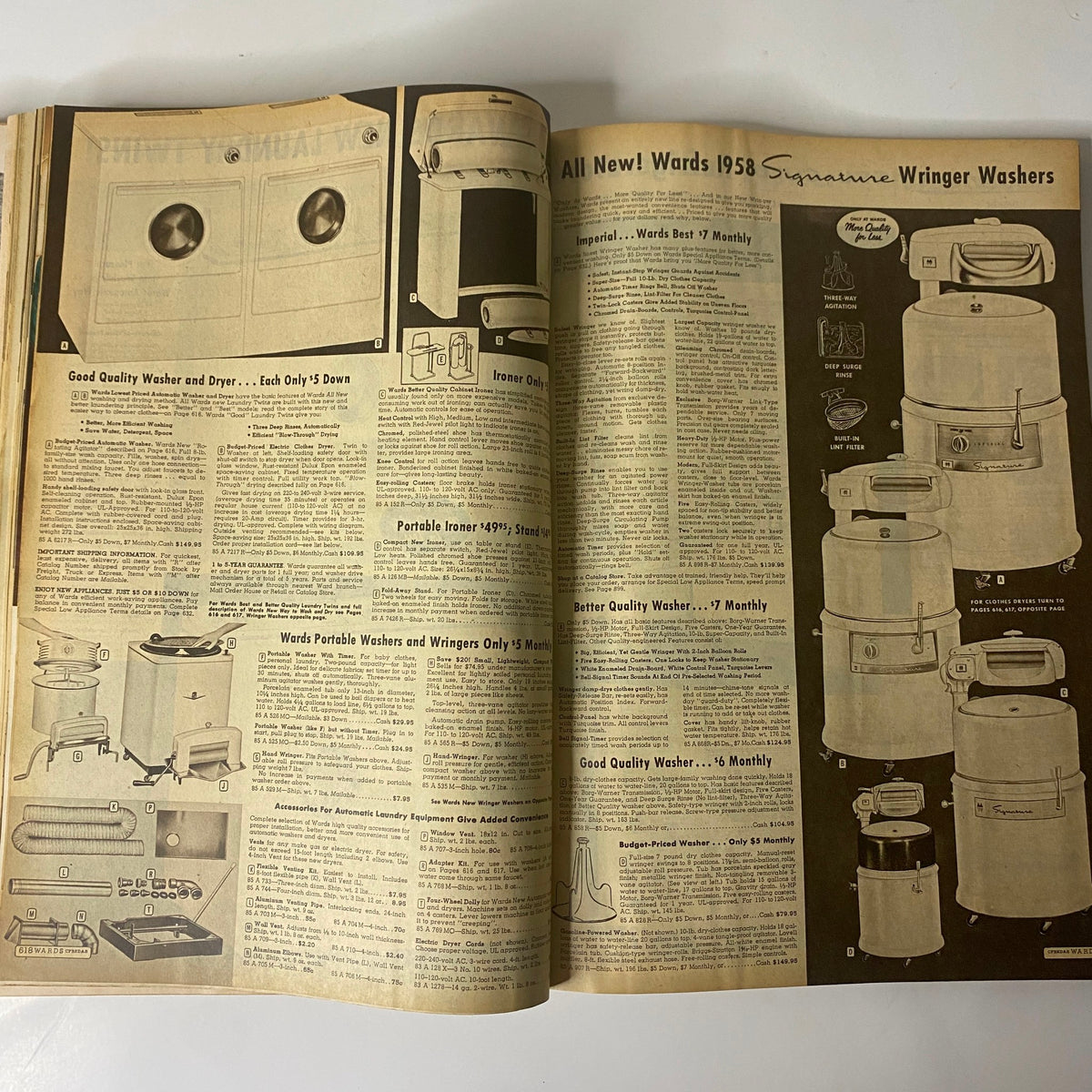 1958 Montgomery Ward Spring and Summer Catalog featuring washers and dryer models available in the vintage issue.