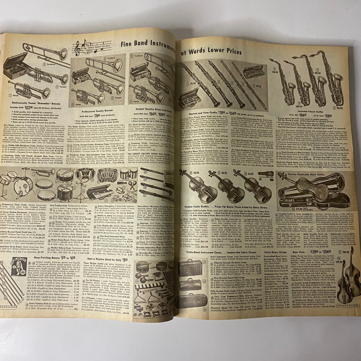 1958 Montgomery Ward Spring and Summer Catalog presenting a variety of musical instruments available at lower prices in the vintage catalog.