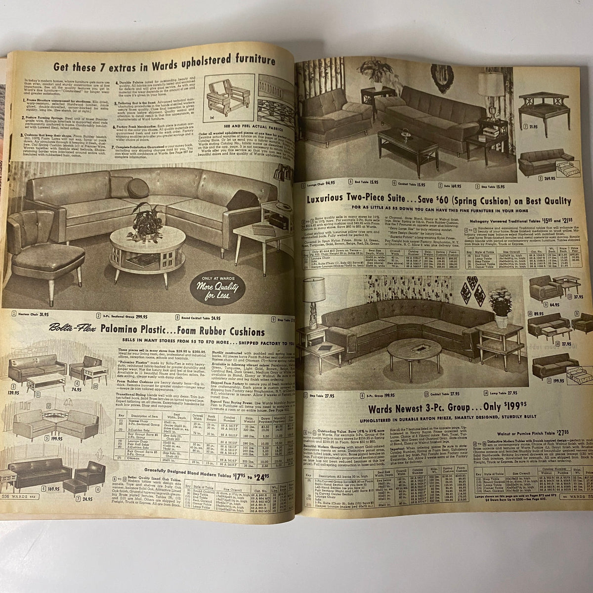 1958 Montgomery Ward Spring and Summer Catalog displaying upholstered furniture options including sectional sofas and chairs from the vintage catalog.