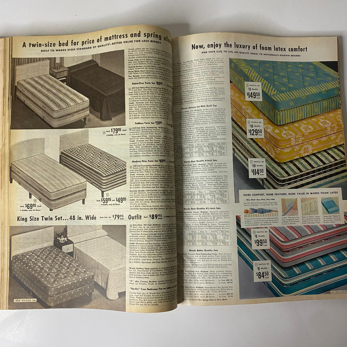 Inside view of the 1958 Montgomery Ward Spring and Summer Catalog showcasing various mattresses and bedding sets available for purchase.