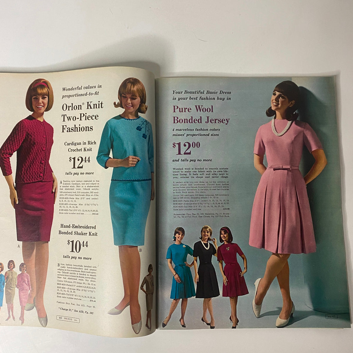 1965 Montgomery Ward 93rd Anniversary Sale Catalog showcasing women's fashion including Orlon Knit Two-Piece Fashions and Pure Wool Bonded Jersey dresses.