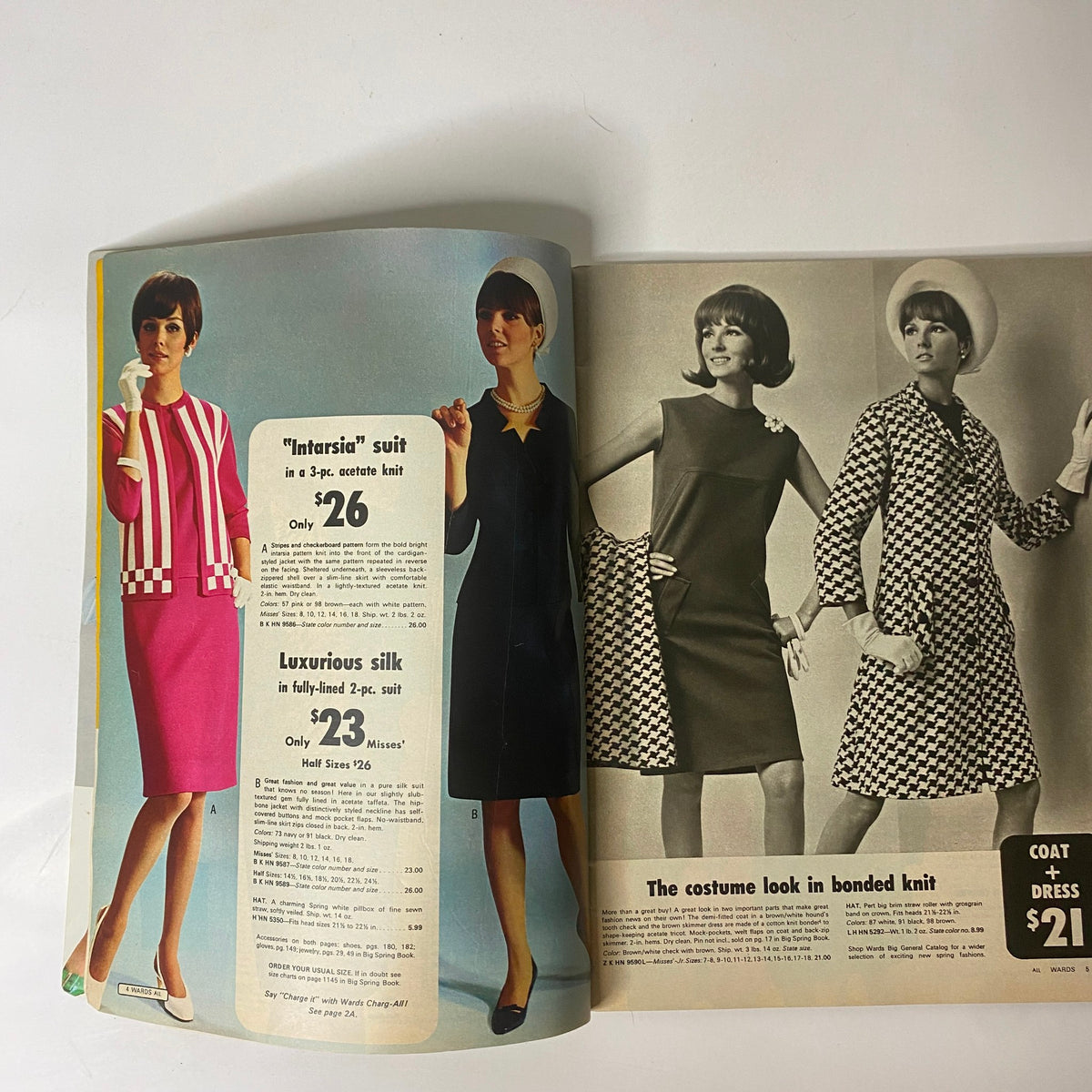 Page from the 1968 Montgomery Ward Spring Sale Catalog displaying an 'Intarsia' suit and luxurious silk outfits on stylish models, illustrating 1960s fashion aesthetics.