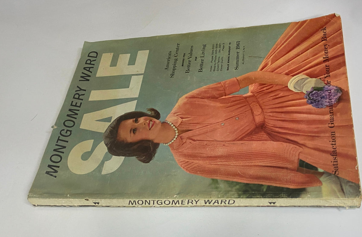 Alternate view of the 1961 Montgomery Ward Summer Catalog cover displaying a young woman in a stylish pink outfit, highlighting the era's fashion trends.