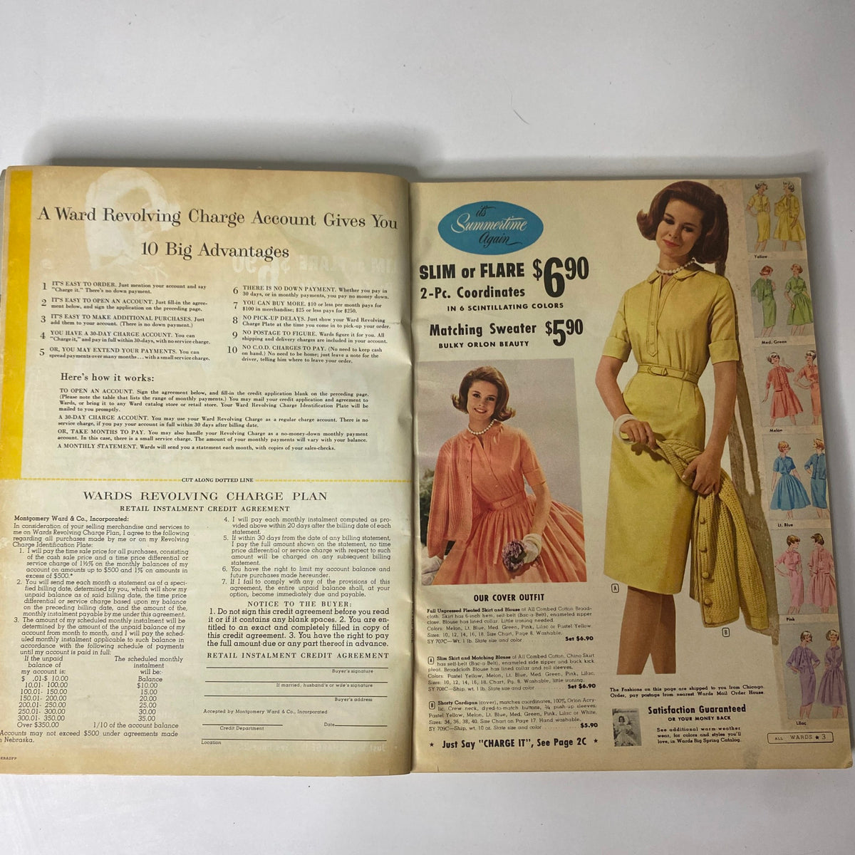 Inside page of the 1961 Montgomery Ward Summer Catalog featuring a layout with two-piece coordinates and affordable pricing details for summer fashion.