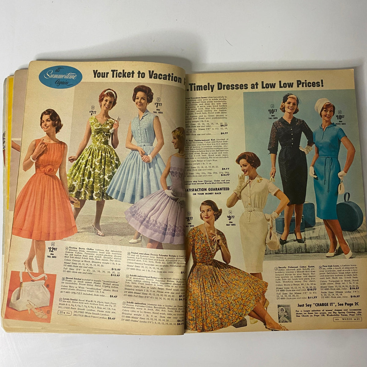 Inside spread of the 1961 Montgomery Ward Summer Catalog displaying dresses and summer outfits, capturing the essence of 1960s fashion.