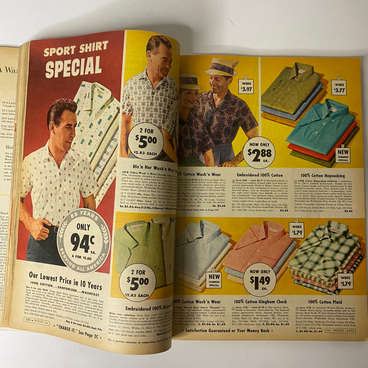 1961 Montgomery Ward Summer Catalog featuring a vibrant page of sport shirts, showcasing various styles and prices for men’s summer wear.