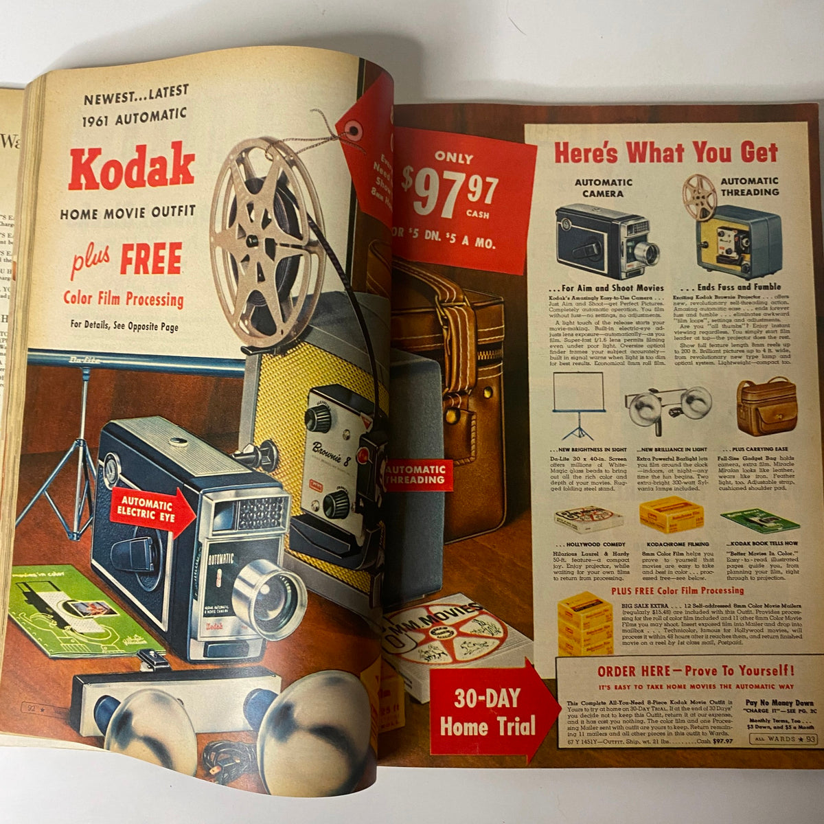1961 Montgomery Ward Summer Catalog displaying a Kodak home movie outfit advertisement, highlighting features and pricing for the latest camera equipment.