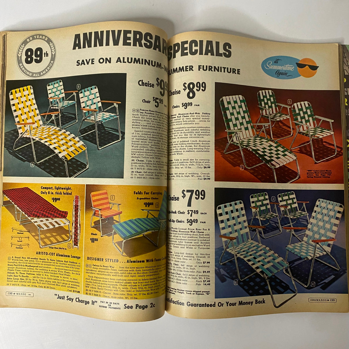 1961 Montgomery Ward Summer Catalog with a page dedicated to anniversary specials on aluminum summer furniture, listing prices for various outdoor seating options.