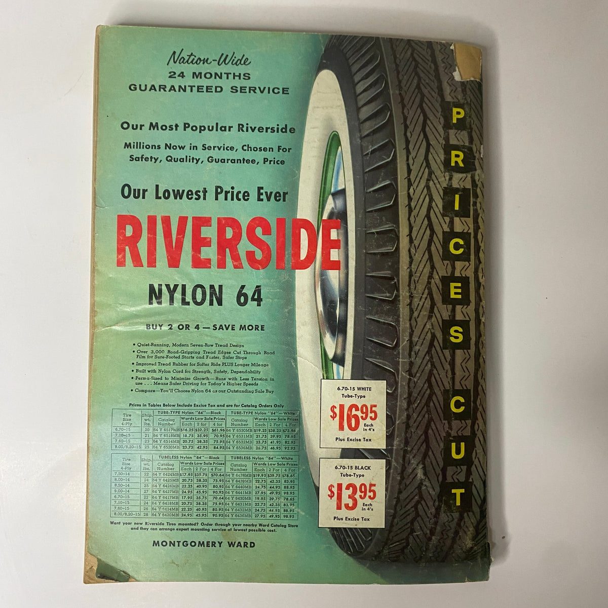 1961 Montgomery Ward Summer Catalog highlighting Riverside Nylon 64 tire advertisement, focusing on pricing and features for tire purchases.