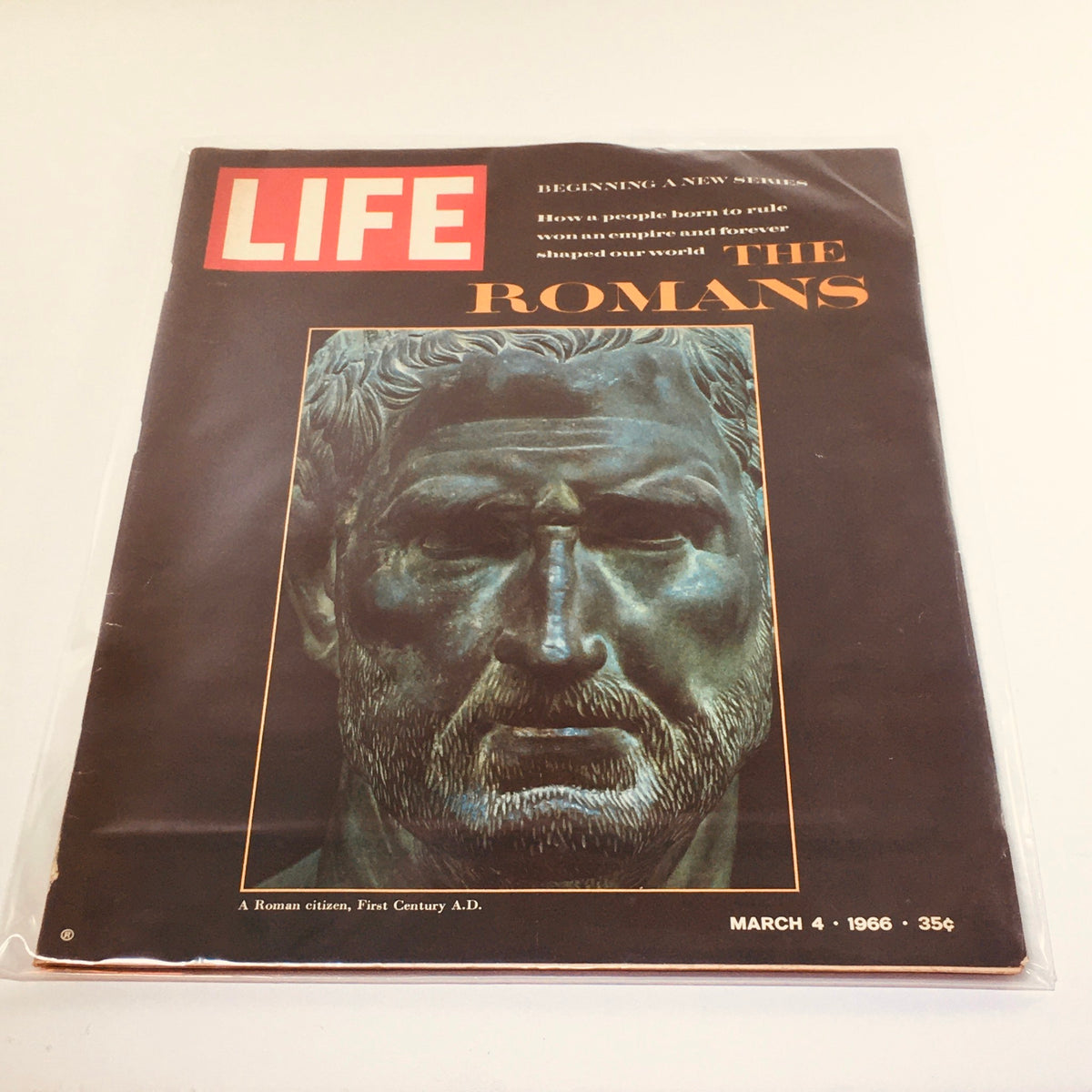 Vintage Life Magazine cover from March 4, 1966, featuring a bronze bust of a Roman citizen, with the title 'The Romans' and text 'Beginning A New Series'.