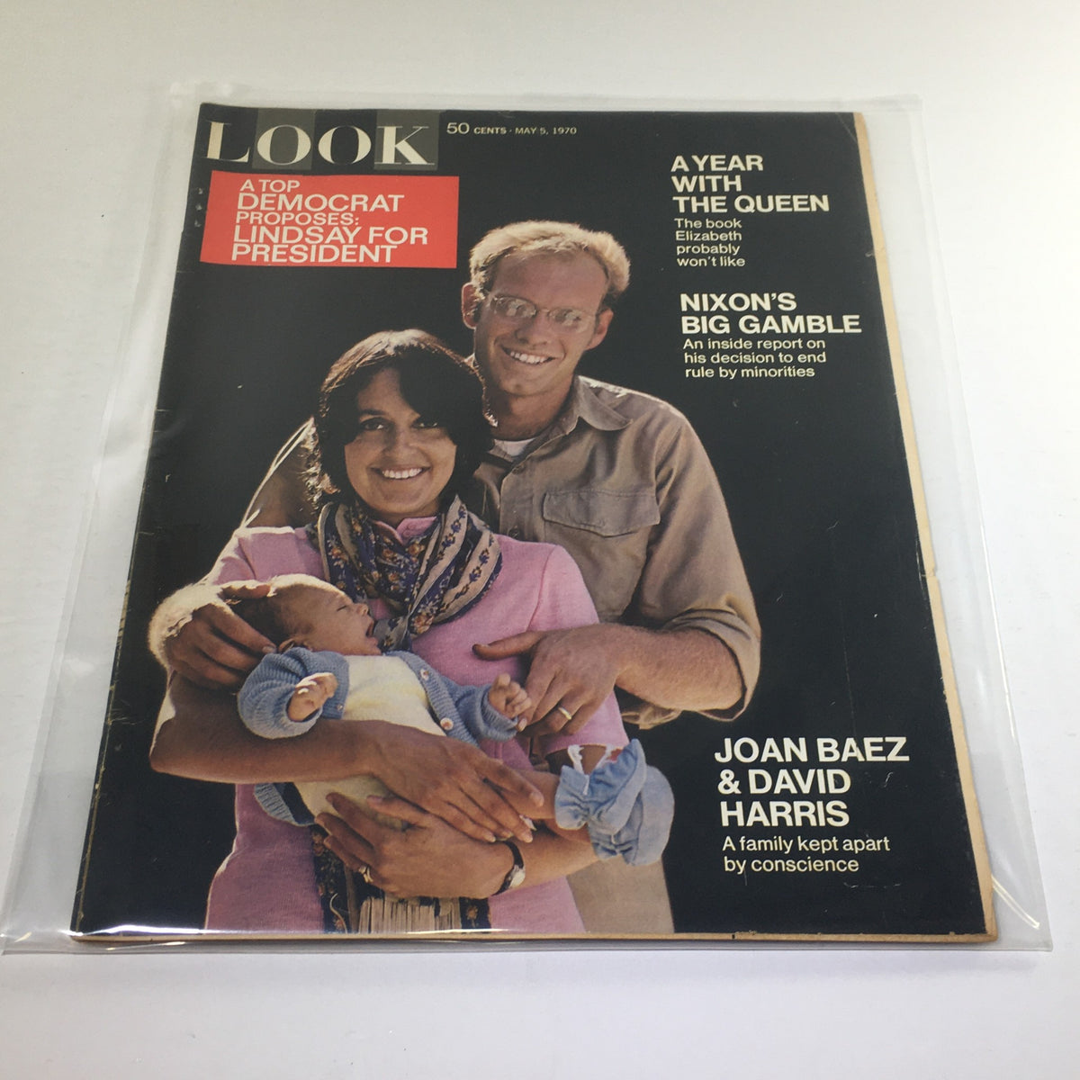 Vintage Life Magazine from May 5, 1970, featuring Joan Baez and David Harris on the cover alongside the headline 'Nixon's Big Gamble', encapsulating a significant era in American history.