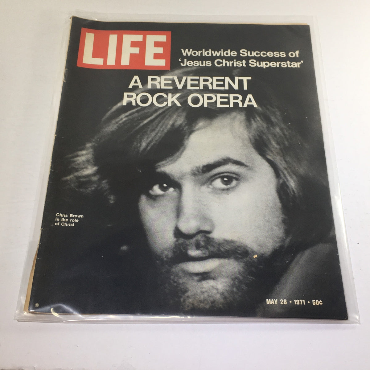 Vintage Life Magazine cover from May 28, 1971 featuring Chris Brown, highlighting 'A Reverent Rock Opera' and showcasing a moment in rock and pop culture history.