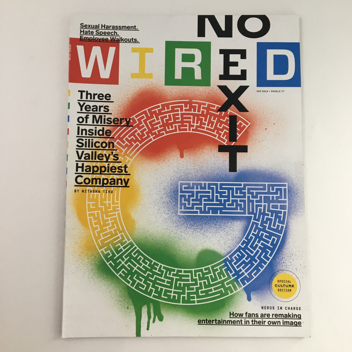 Cover of Wired Magazine September 2019 featuring the title '3 Years of Misery Inside Silicon Valley's Happiest Company'. The cover is vibrant with colors and text highlighting themes of corporate culture and worker experiences in the tech industry.