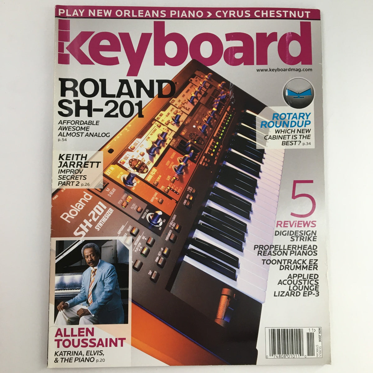 Keyboard Magazine November 2006 issue featuring photographs of Keith Jarrett, Allen Toussaint, and Cyrus Chestnut, highlighting the Roland SH-201 synthesizer on the cover, ideal for music collectors and jazz enthusiasts.