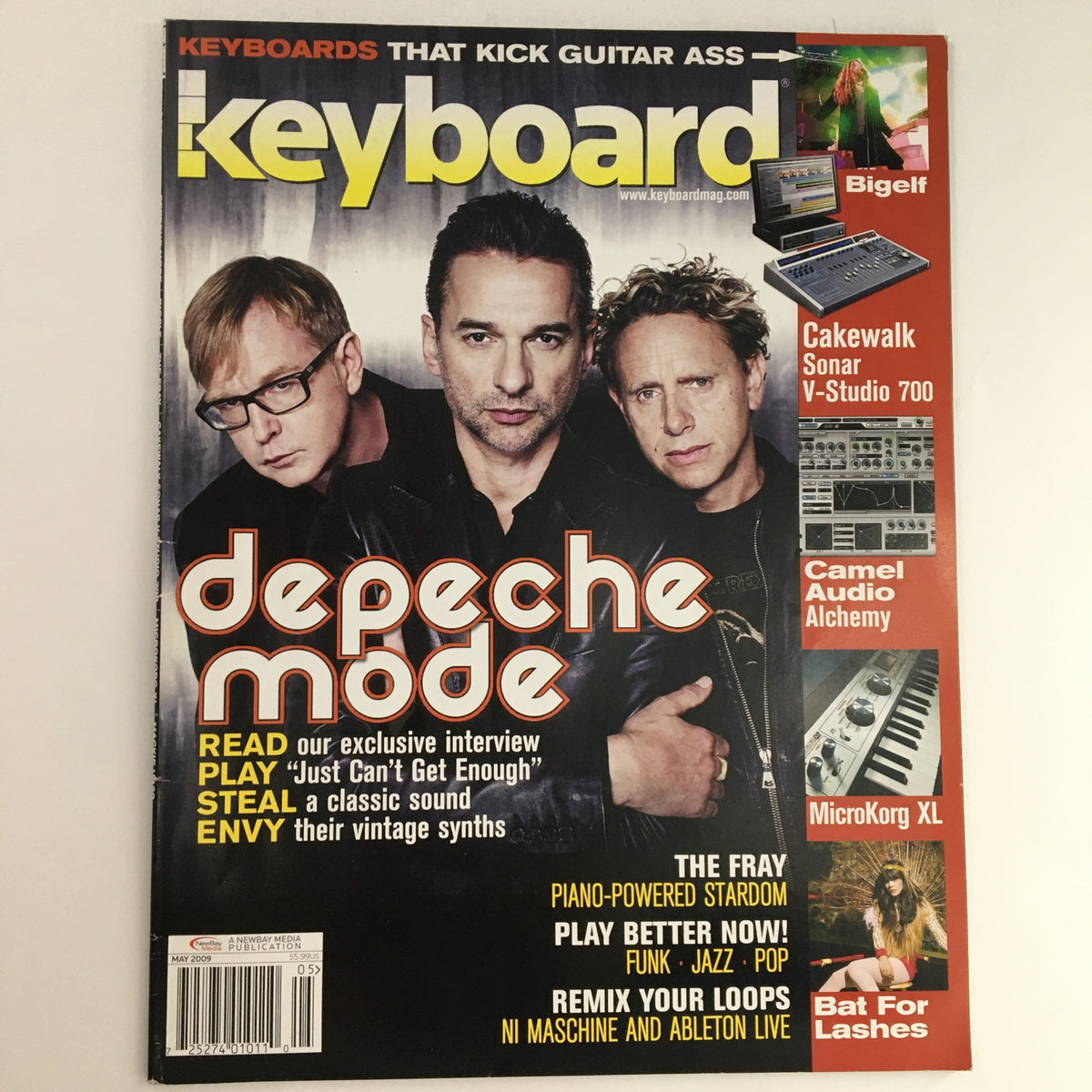 Keyboard Magazine May 2009 cover featuring Depeche Mode, showcasing the iconic band with headlines about their exclusive interview, along with music gear and features on The Fray, Bigelf, and Camel Audio, representing a vintage collectible in very good condition.