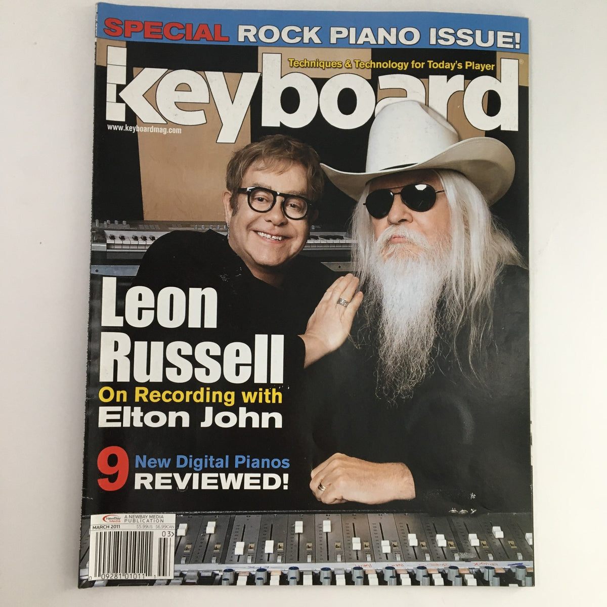 Keyboard Magazine March 2011 featuring Leon Russell on the cover, highlighting his recording experience with Elton John, showcasing the musical collaboration and creativity of two legendary artists.