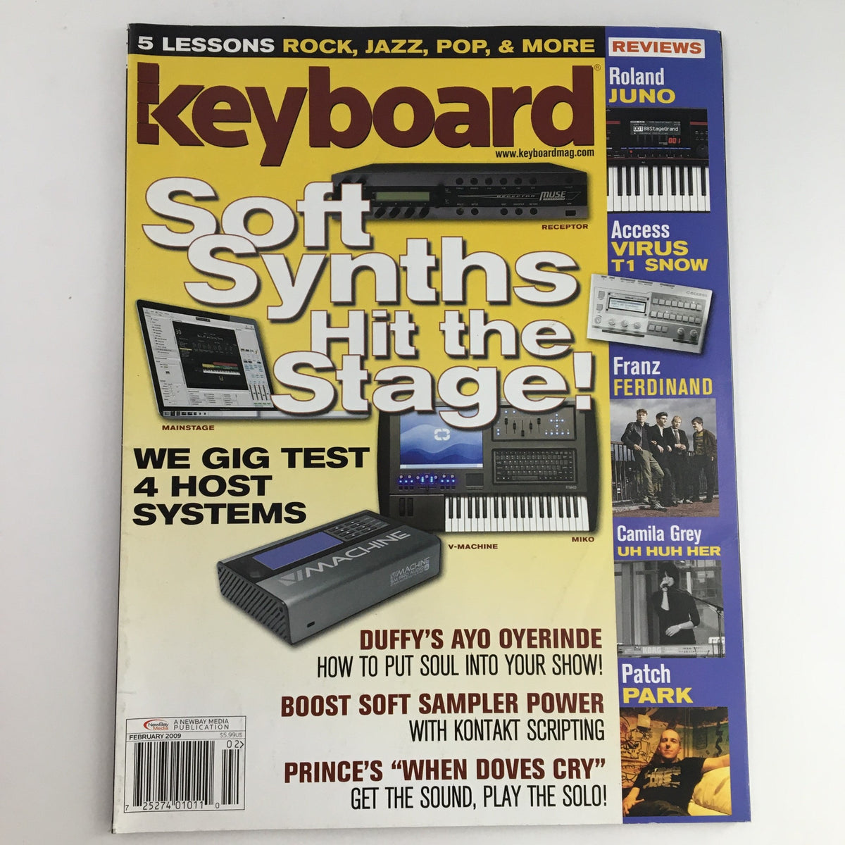 Keyboard Magazine February 2009 cover featuring indie rock band Franz Ferdinand, Camila Grey, and Patch Park. The magazine highlights synths and music production technologies with the title 'Soft Synths Hit the Stage'.
