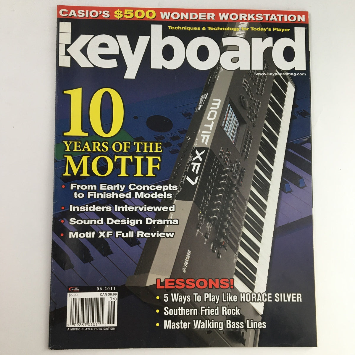 Cover of Keyboard Magazine June 2011 featuring the Yamaha Motif XF with highlights on sound design, Horace Silver, and a celebration of 10 years of the Motif series.