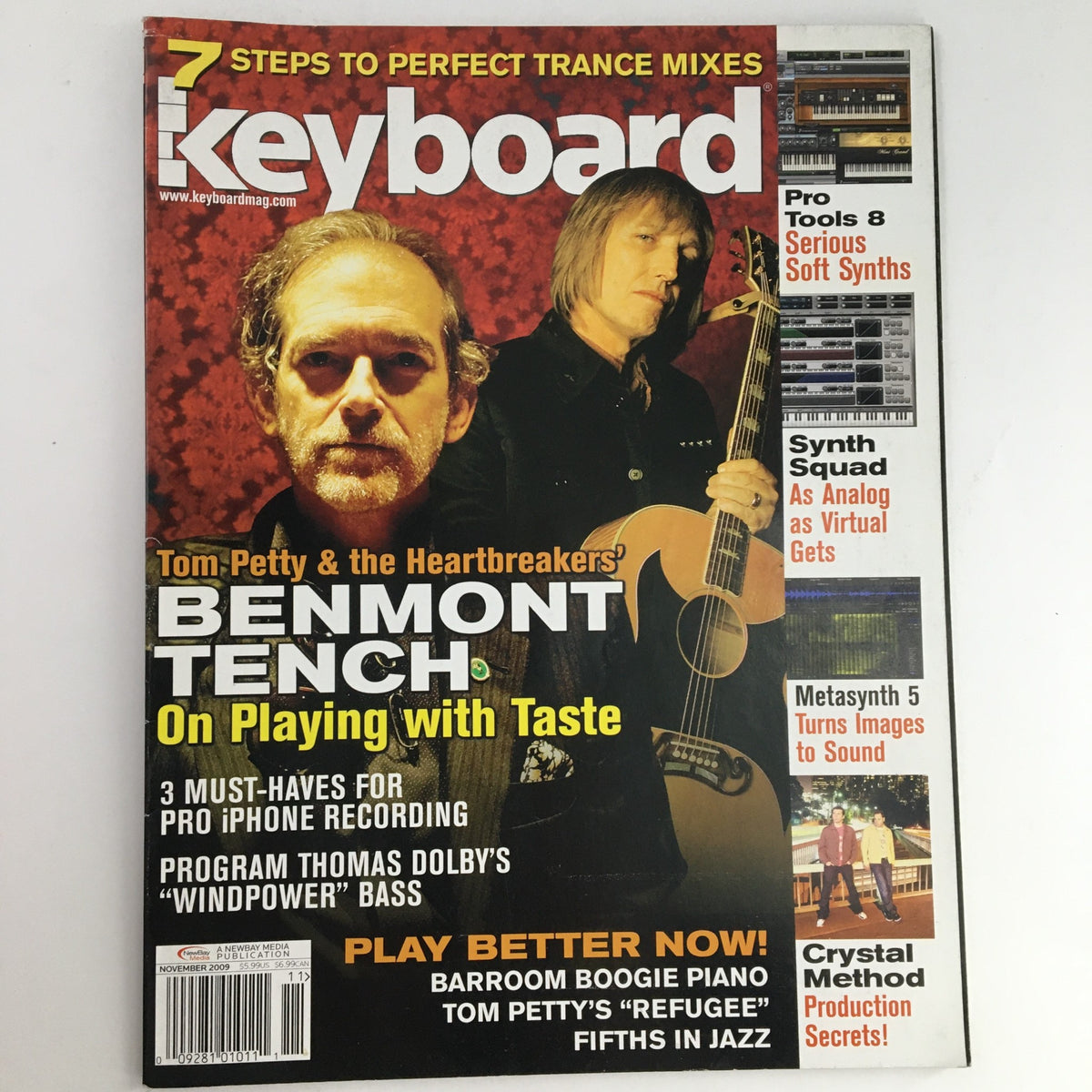 Cover of Keyboard Magazine November 2009 featuring Tom Petty and Benmont Tench, highlights include articles on The Crystal Method and music production tips.