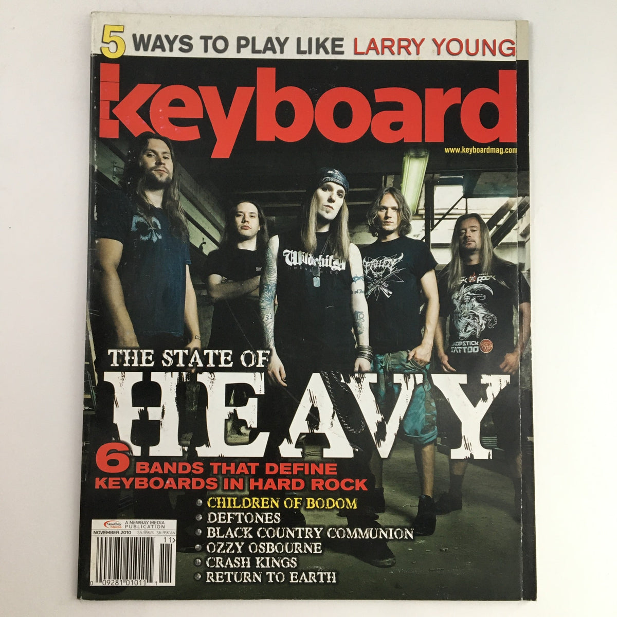 Cover of Keyboard Magazine November 2010 featuring Larry Young, Children of Bodom, and Ozzy Osbourne, showcasing the theme 'The State of Heavy' with images of band members and article highlights.