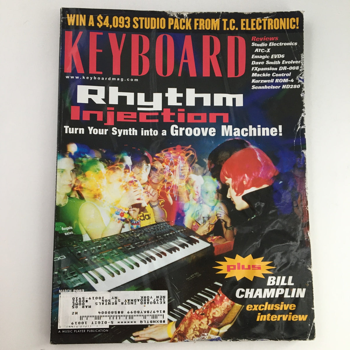 Cover of Keyboard Magazine March 2003 featuring Bill Champlin and Rhythm Injection, highlighting music technology and synthesizer culture.