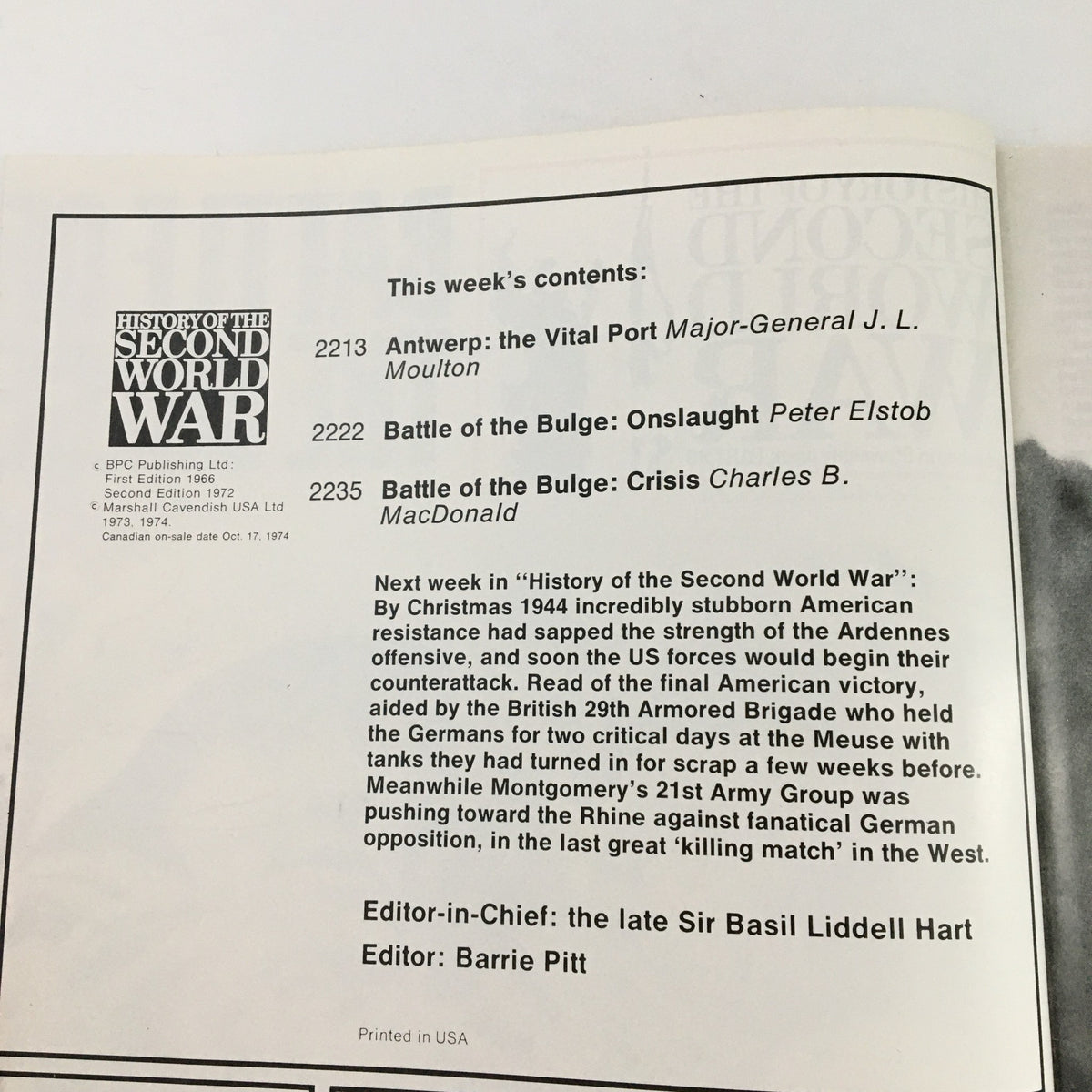 Contents page of the vintage magazine 'History of the Second World War Part 80 1974: Battle of Bulge Onslaught & Crisis', featuring articles on the Battle of the Bulge, written by notable authors, and editor information for authenticity.