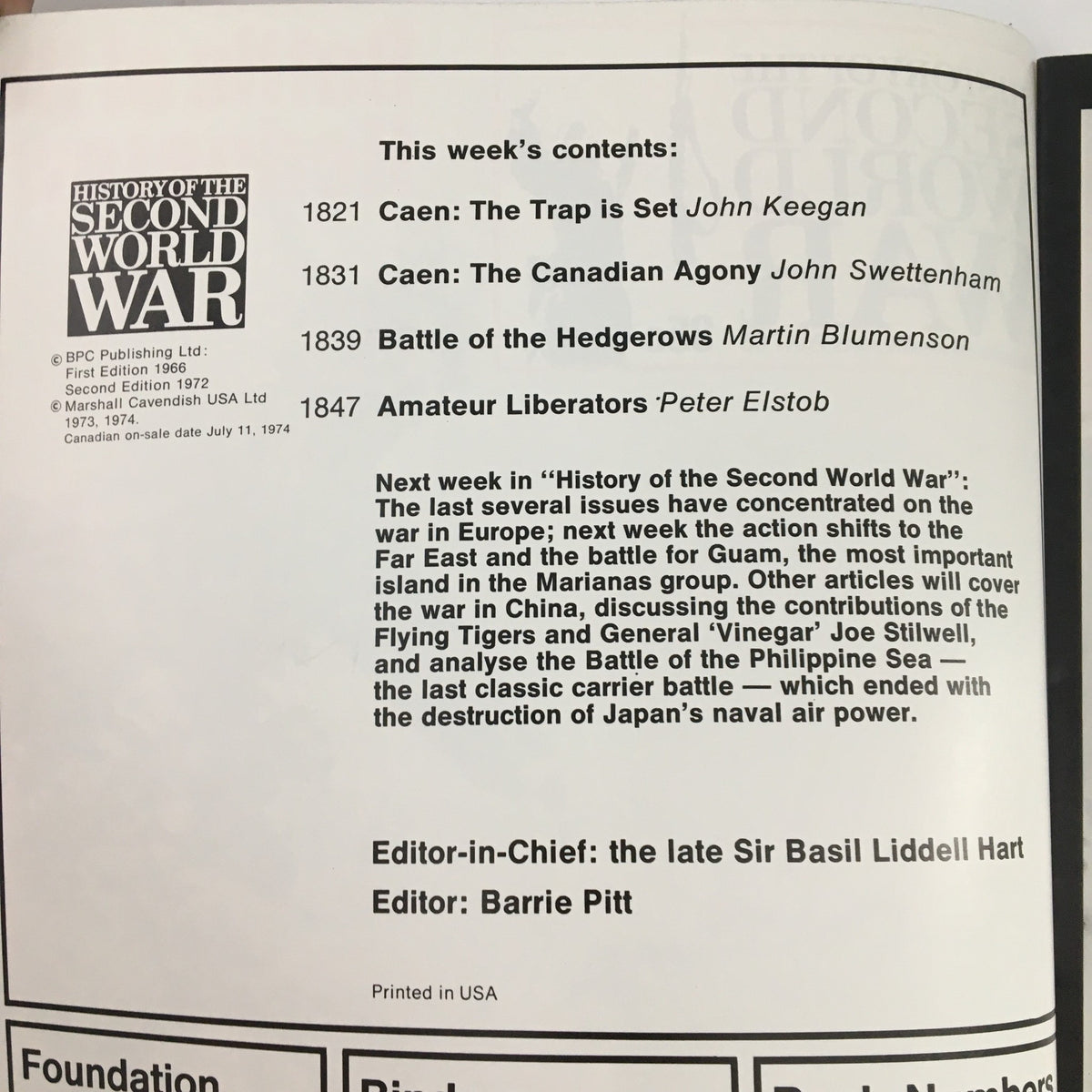 Contents page from History of the Second World War Part 66 1974, outlining articles including the Battle of the Hedgerows and contributions from the B-24 Liberators.