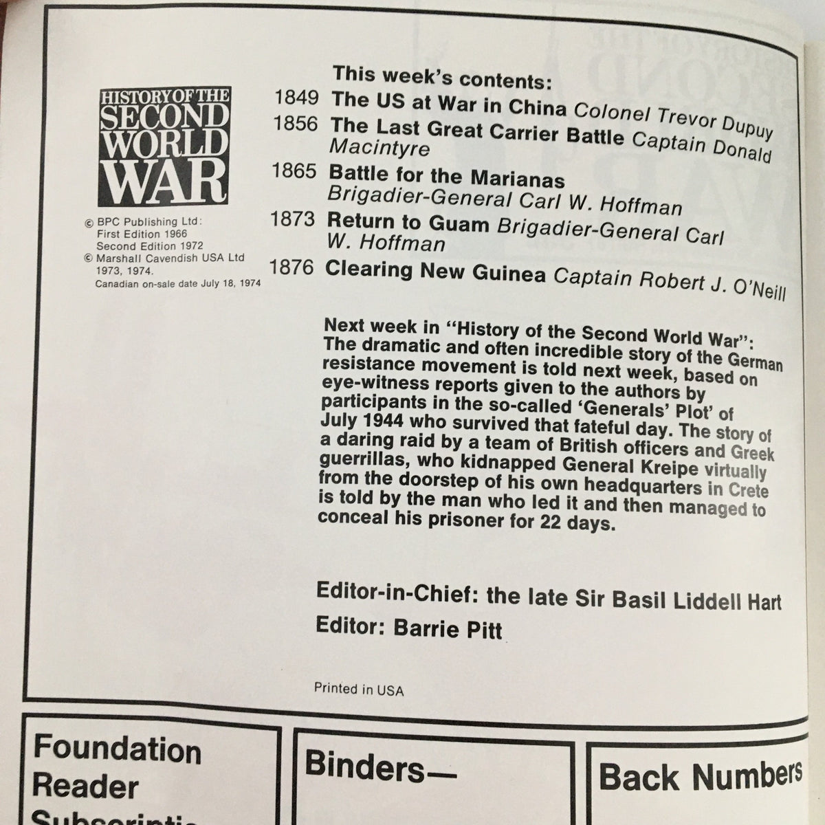 Contents page of 'History of the Second World War Part 67 1974 The Great Marianas Turkey Shoot', detailing topics including US at War in China and the Last Great Carrier Battle.