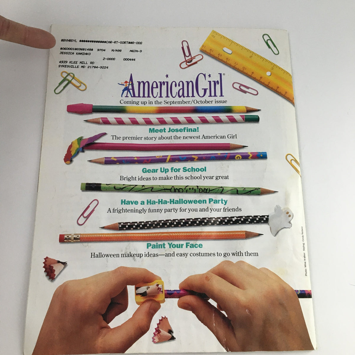 Back cover of American Girl Magazine July August 1997 Coast-to-Coast Summer Fun Feature showcasing school supplies and Halloween party ideas.