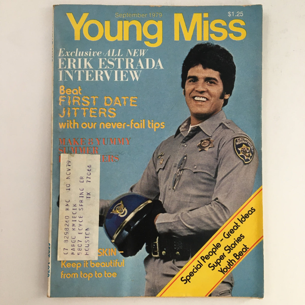 Cover of Young Miss Magazine September 1979 featuring an exclusive interview with Erik Estrada. The cover showcases vibrant colors, including a blue background and bold text highlighting topics like 'Beat First Date Jitters'. The image depicts a young man in a police uniform, smiling, holding a hat, representing the pop culture of the late 1970s.