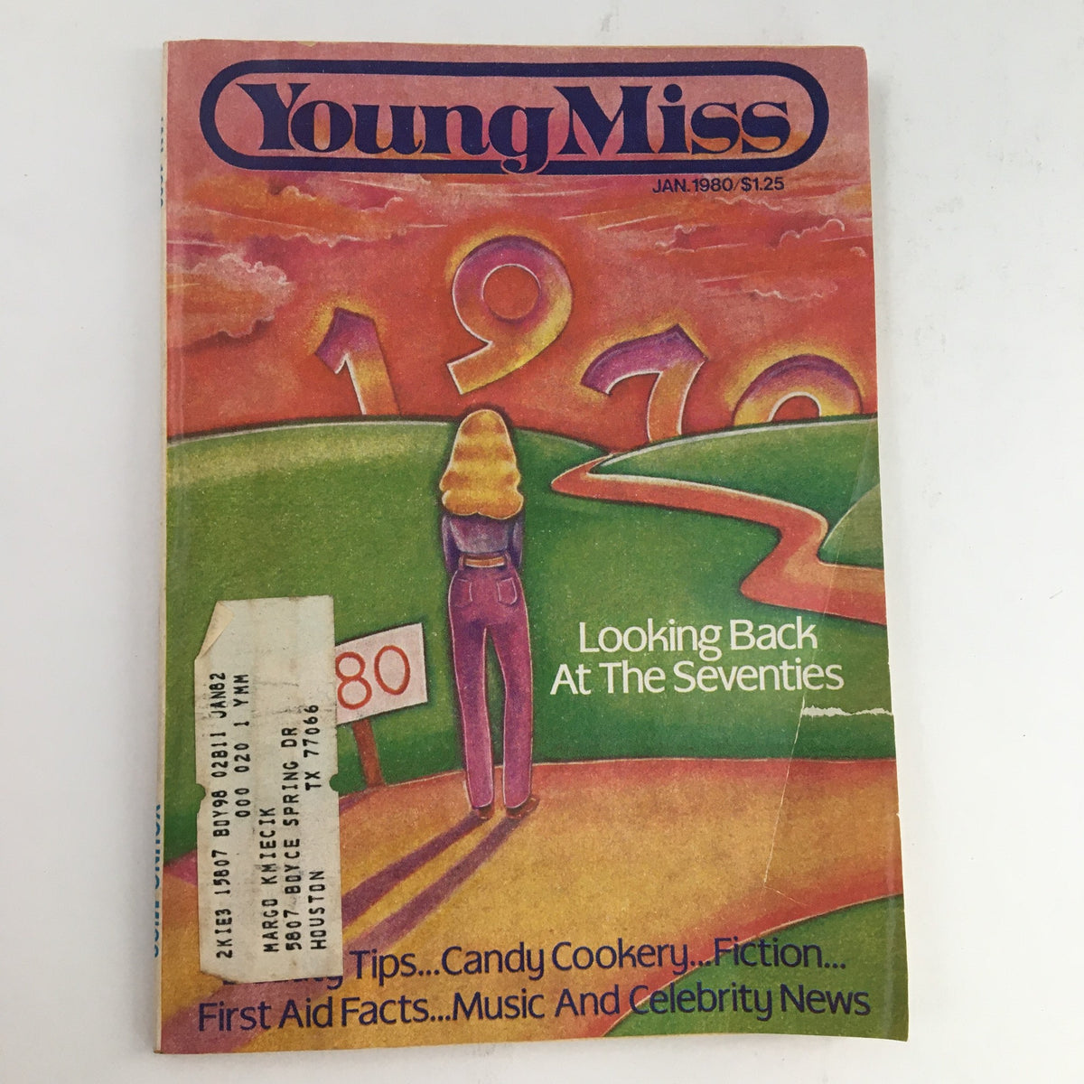 Cover of Young Miss Magazine January 1980 featuring the title and a colorful retro design that reflects the themes of looking back at the seventies.