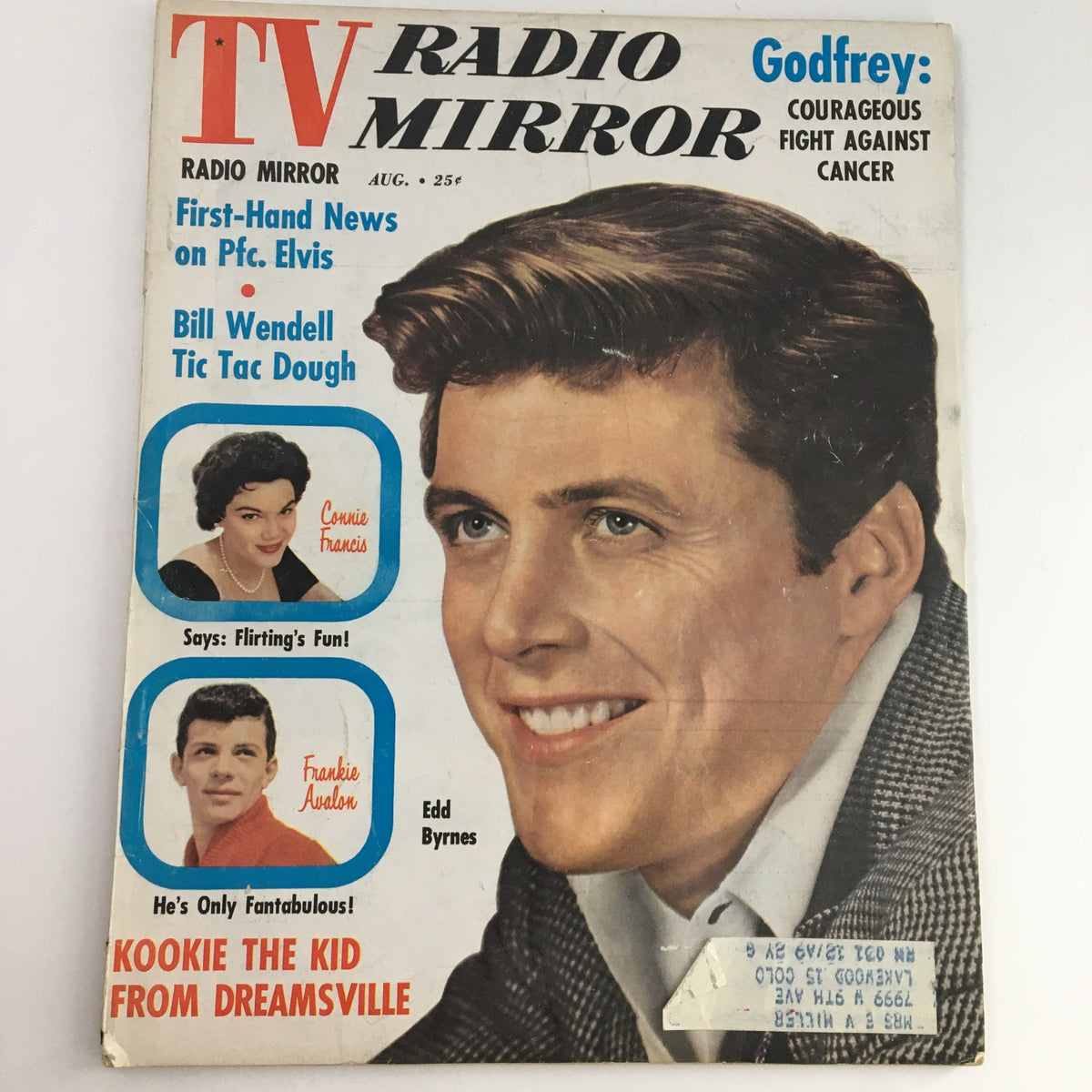 Cover of TV Radio Mirror Magazine from August 1959, Volume 52 #3, featuring Edd Byrnes and Connie Francis, showcasing nostalgic elements of 1950s pop culture.