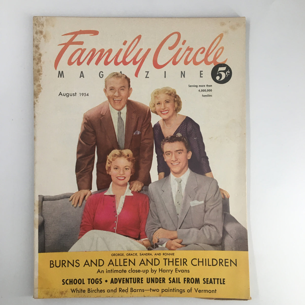 VTG Family Circle Magazine August 1954 featuring Burns & Allen and their children on the cover, showcasing mid-20th century family life.