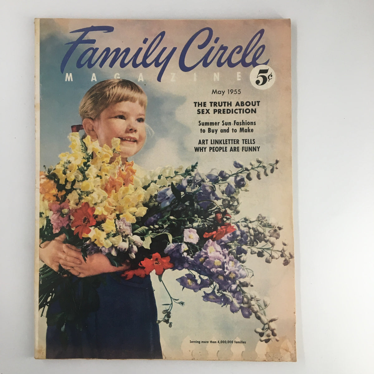 Cover of VTG Family Circle Magazine May 1955 featuring a young girl holding flowers, celebrating Mother's Day with a focus on Sunday-best dinners.