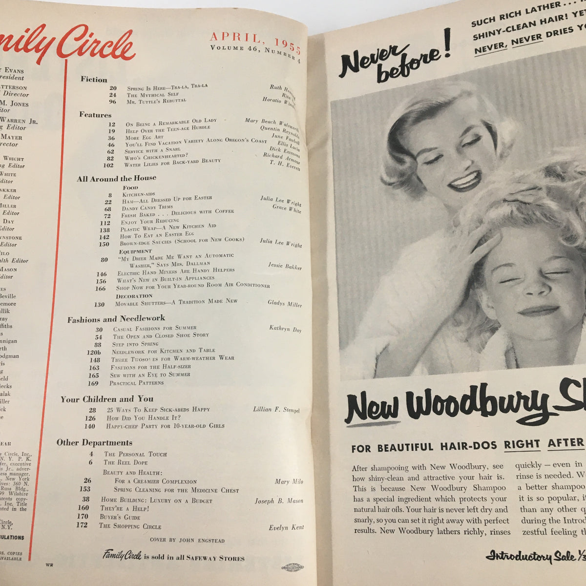 Inside page of VTG Family Circle Magazine April 1955, displaying table of contents and features with advertisements, reflecting mid-century American lifestyle.