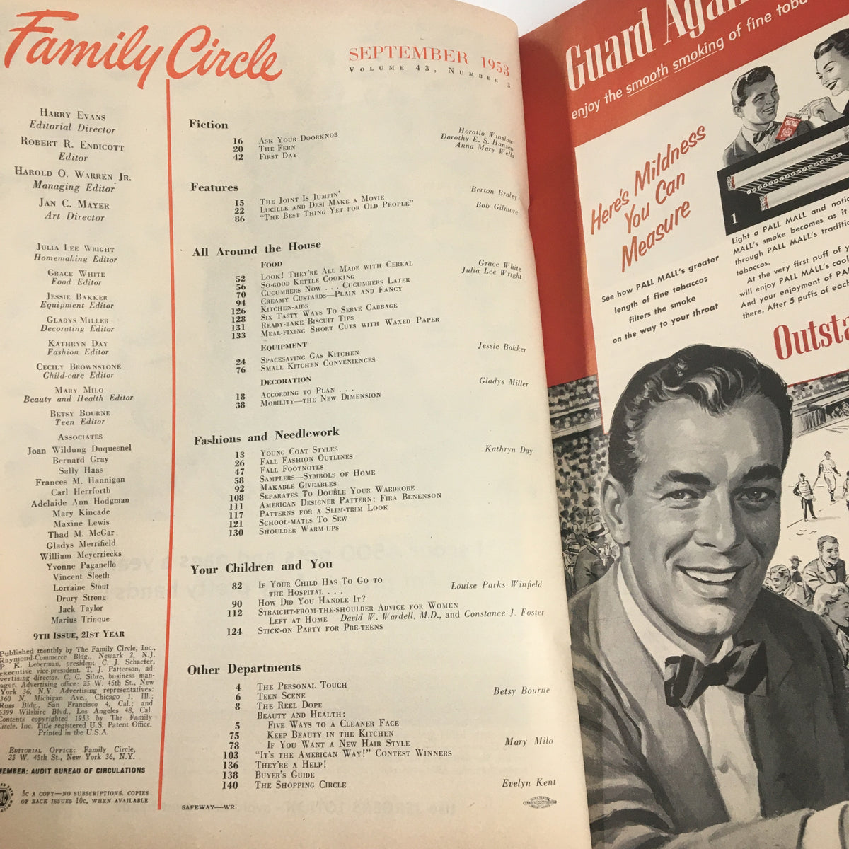 Inside page of VTG Family Circle Magazine September 1953 displaying the table of contents, featuring articles and features related to family living, food, and fashion topics.
