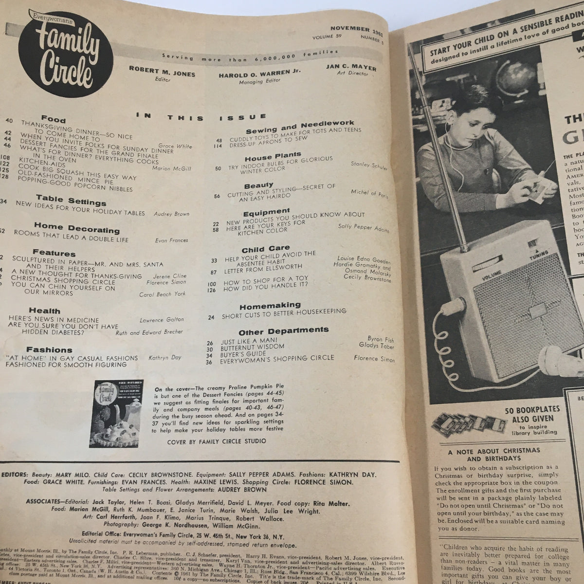 Interior page of the VTG Family Circle Magazine November 1961 showing the table of contents with various articles and features.