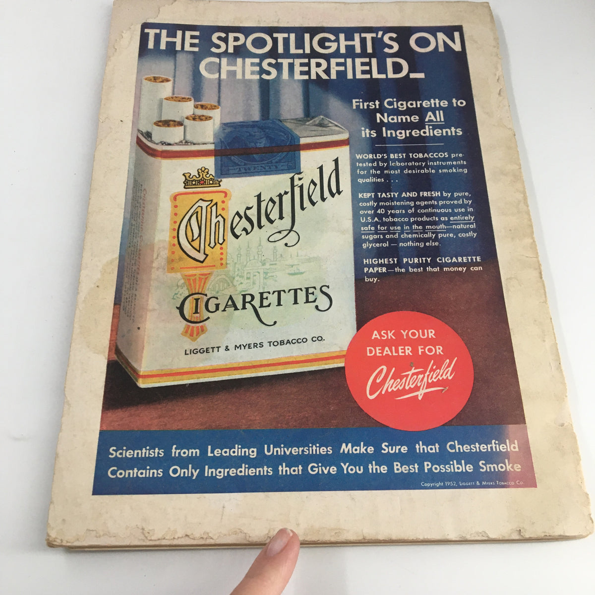 Back cover advertisement for Chesterfield cigarettes in the VTG Family Circle Magazine August 1952, highlighting product features and branding. A nostalgic collectible piece.